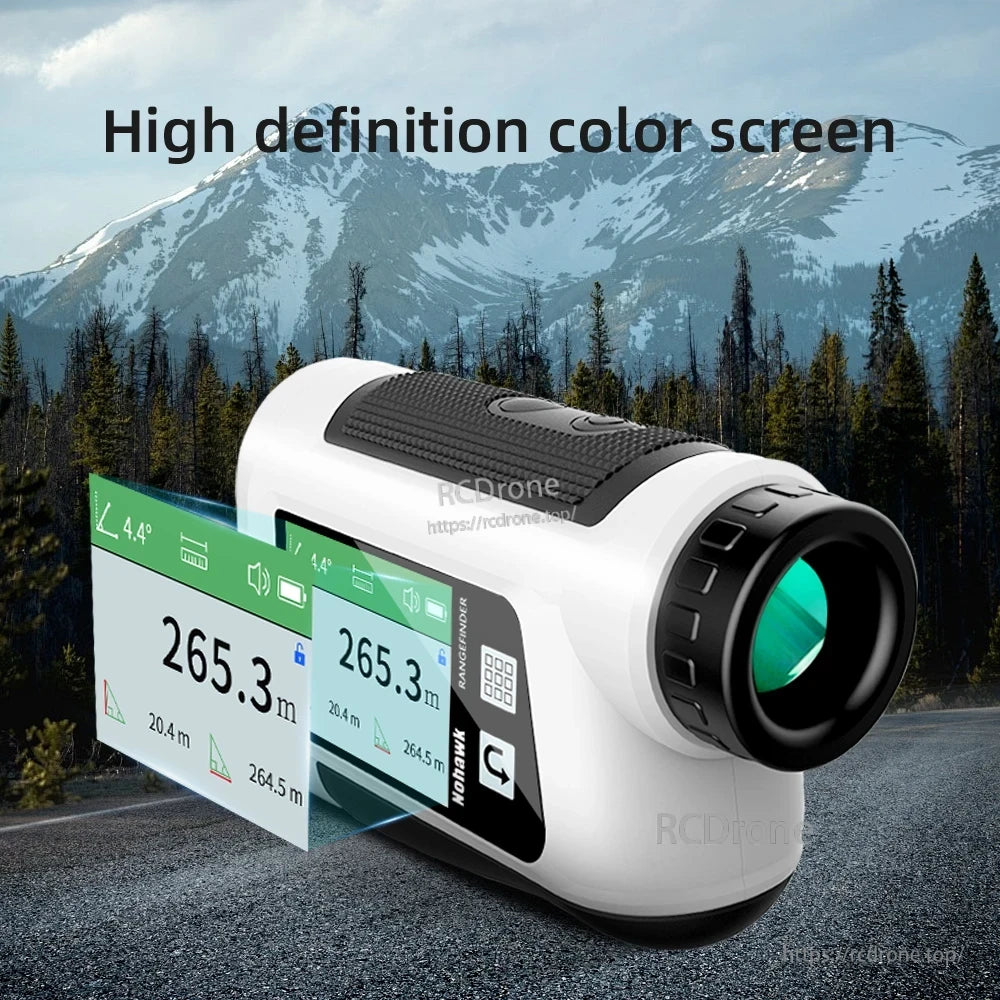 NoHawk Golf Laser Rangefinder, HD color screen shows distance (265.3m), elevation (20.4m), slope (264.5m), angle (4.4°), battery level, and sound settings.