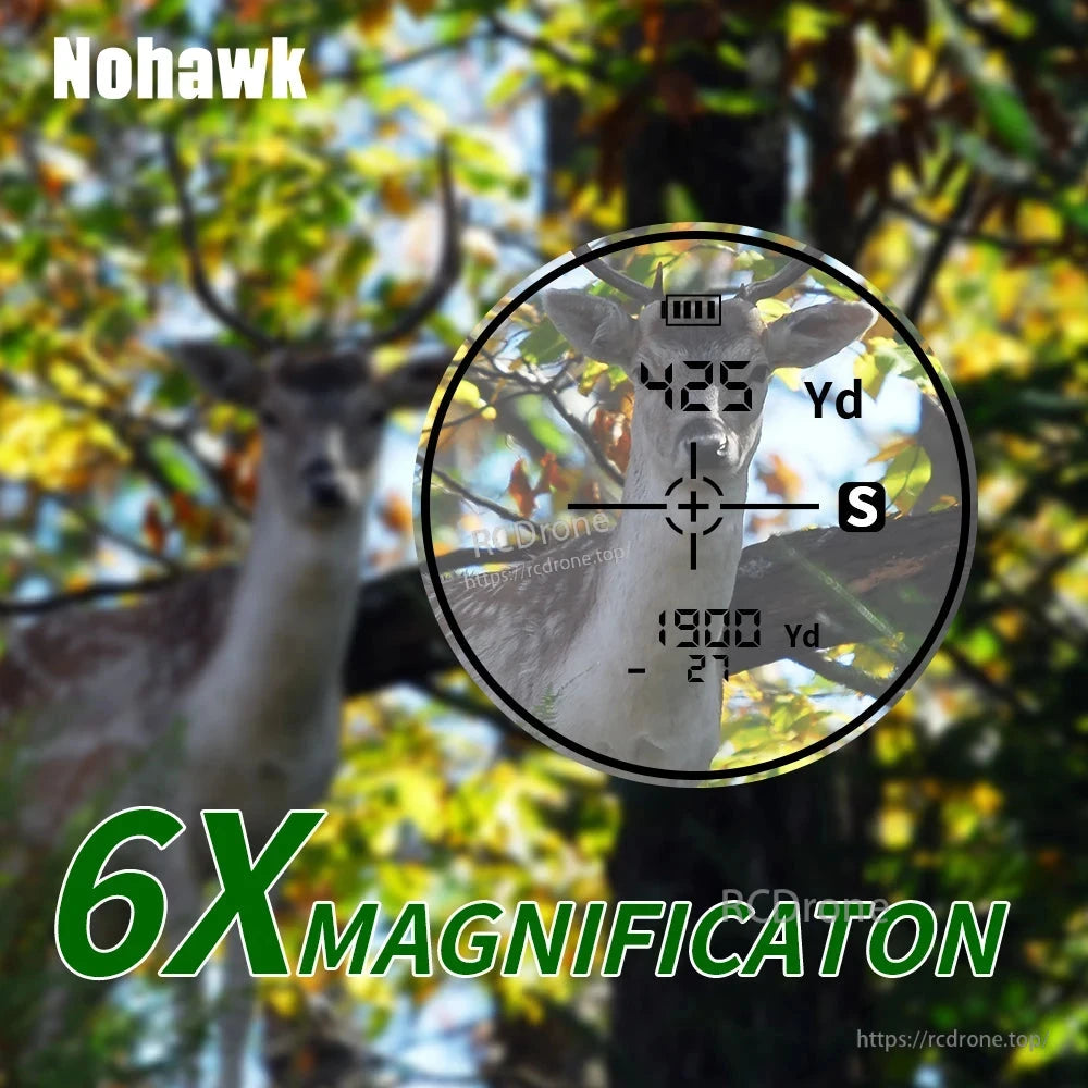 Nohawk 6X laser rangefinder with 1000-yard range, USB-C charging, and fast target acquisition for precise distance measurement.