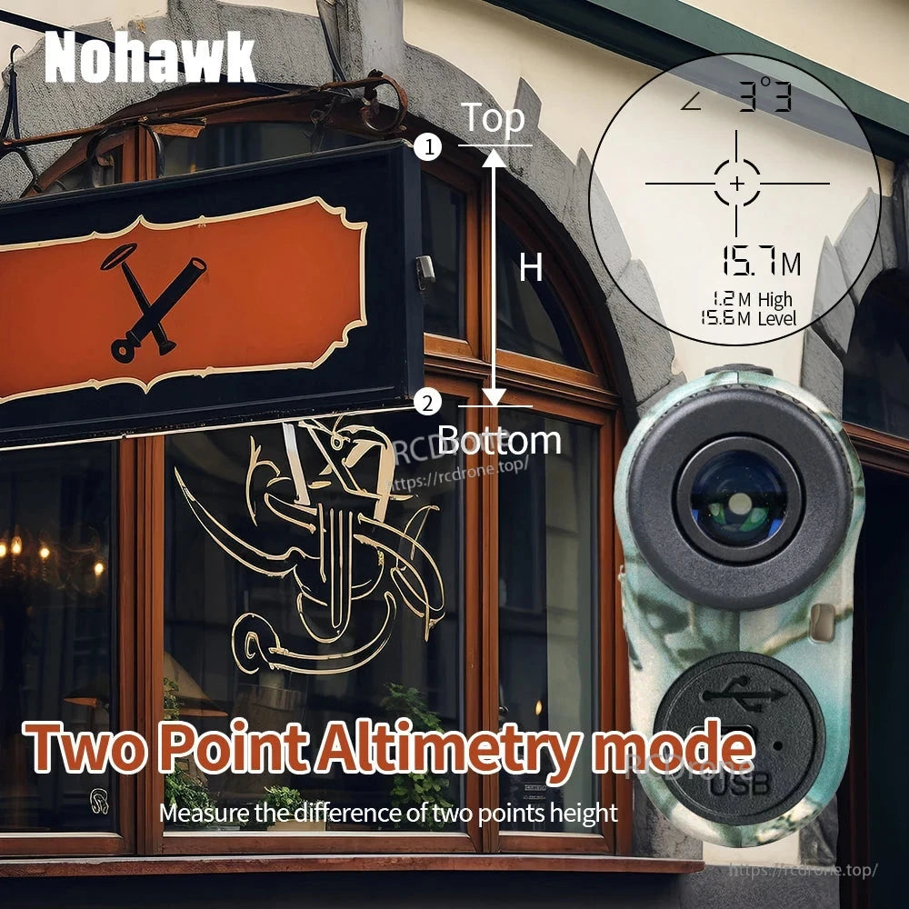 Nohawk laser rangefinder measures height difference between top and bottom points at 15.7M using two-point altimetry mode.