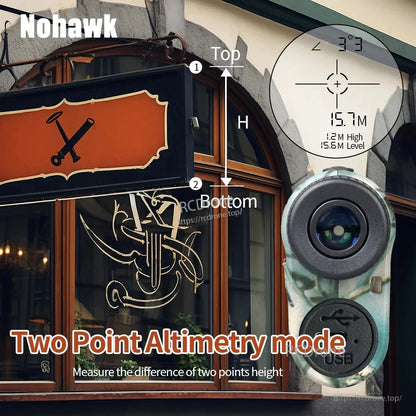 Nohawk laser rangefinder measures height difference between top and bottom points at 15.7M using two-point altimetry mode.
