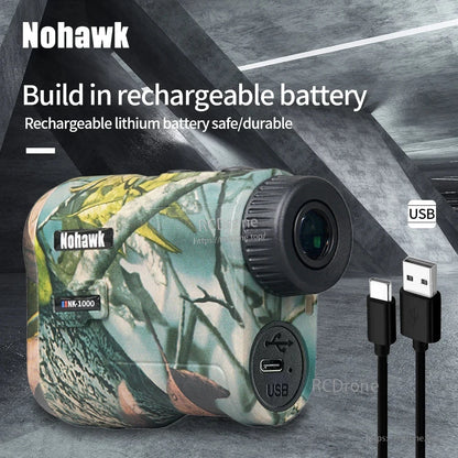 Nohawk NK-1000 laser rangefinder features rechargeable battery, USB-C charging, camo design, target acquisition, and golf flag lock for precision distance measurement.