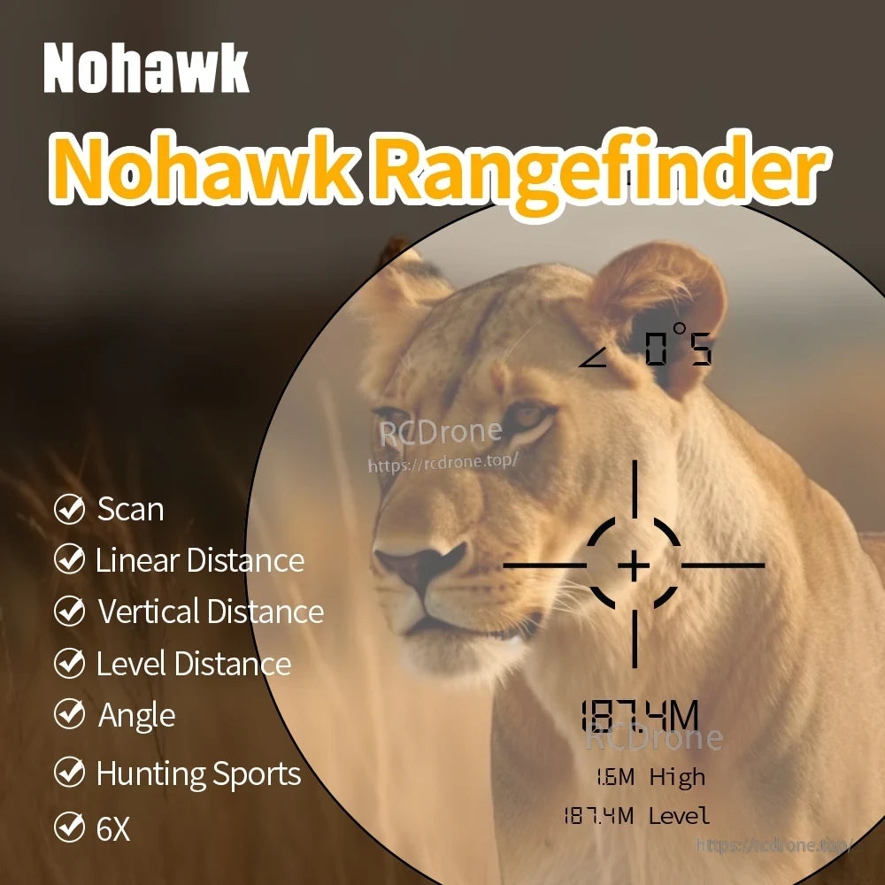 Nohawk 1000m Laser Rangefinder, Nohawk rangefinder with 6x zoom, 187.4M range; measures distance, angle—ideal for hunting and scanning.