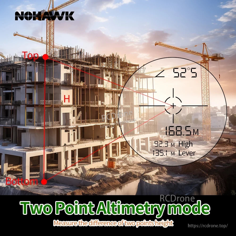 Nohawk 1000m Laser Rangefinder, The Nohawk laser rangefinder uses two-point altimetry to measure height differences, displaying angle and distance data.