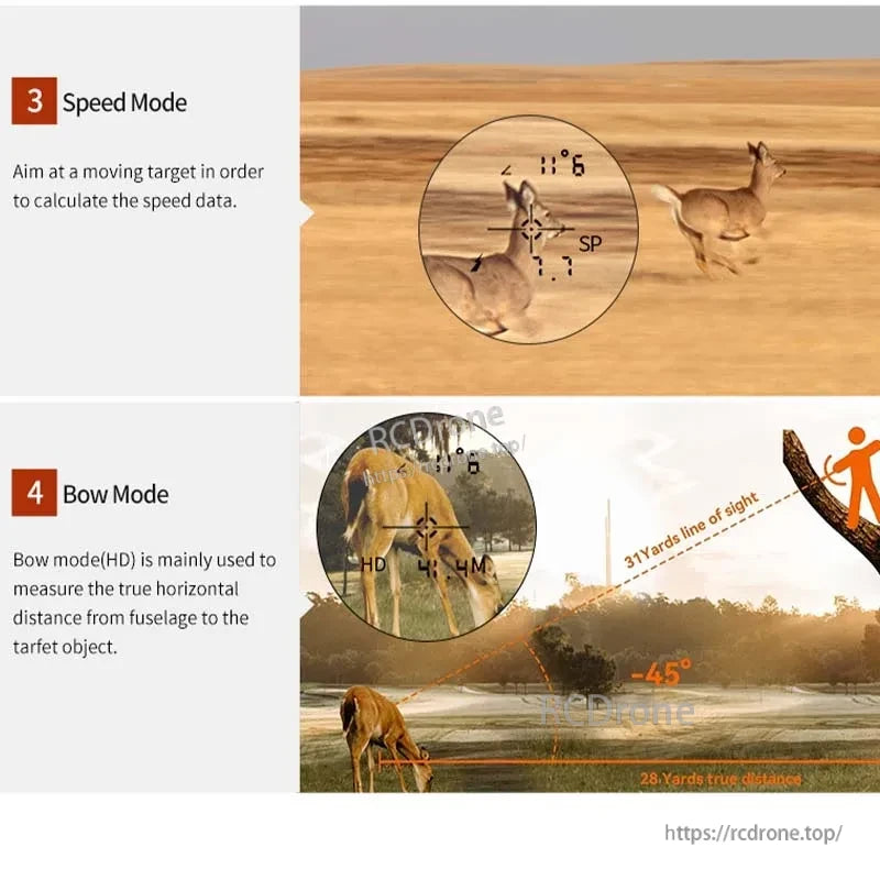 Nohawk 1000m Laser Rangefinder, Speed Mode calculates target speed; Bow Mode measures horizontal distance, adjusting for angle and elevation.