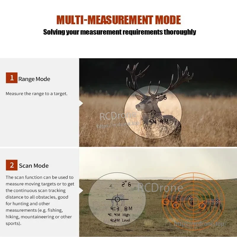Nohawk 1000m Laser Rangefinder, Multi-Measurement Mode features Range and Scan modes for distance, moving targets, and continuous tracking. Ideal for outdoor activities, displaying distance, angle, and elevation.