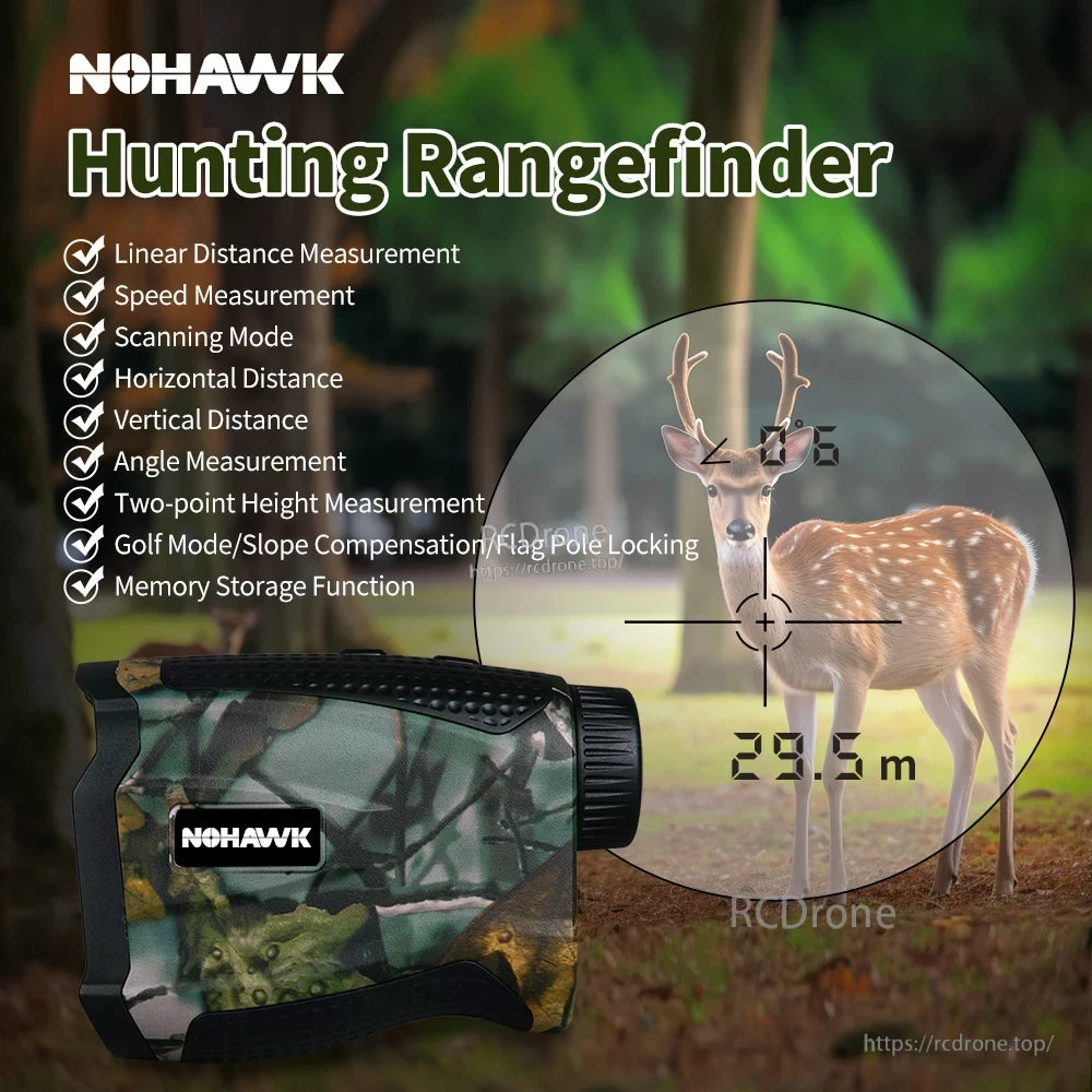 Nohawk 1000m Laser Rangefinder, Nohawk Hunting Rangefinder measures distance, speed, angle, and height; features scanning, slope compensation, memory storage, and golf mode.