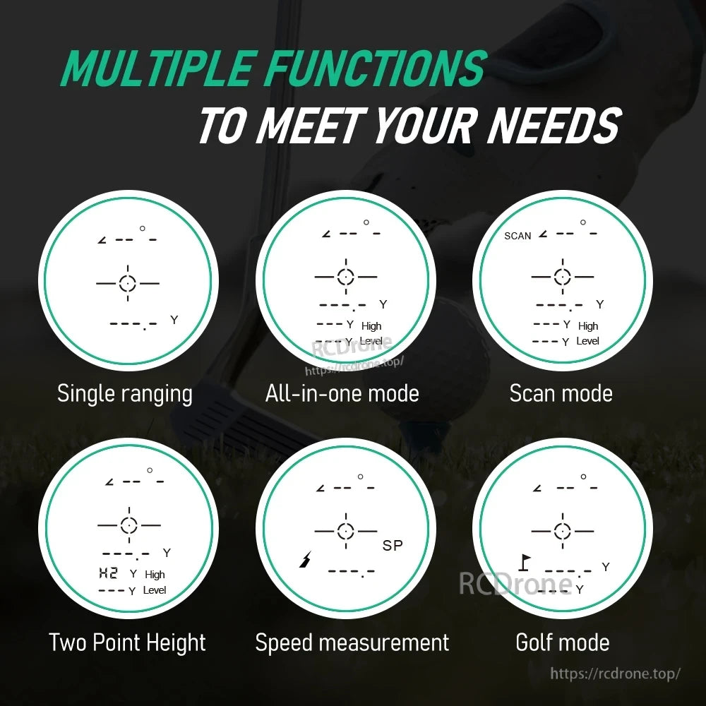 Nohawk 600M Golf Laser, Features include single ranging, all-in-one mode, scanning, two-point height measurement, speed detection, and golf mode for versatile drone use.