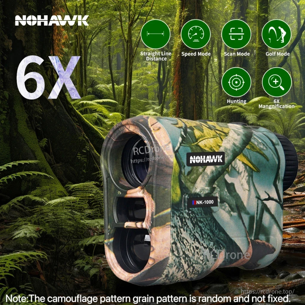 Nohawk 600M Golf Laser, Nohawk NK-1000 6X laser rangefinder with camouflage, offers distance, speed, scan, golf, and hunting modes.
