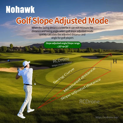 Slope Adjusted Mode calculates accurate distance and angle on slopes (-20° to 20°), featuring laser rangefinder with optics, USB charging, and compliance with CE/FCC/RoHS; ideal for golfers on hilly, scenic courses.