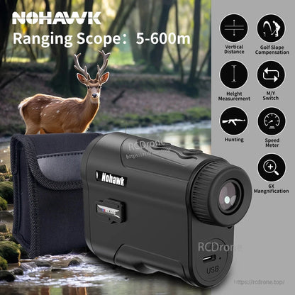 Nohawk rangefinder measures 5-600m with 6x magnification, USB rechargeable, slope compensation, height/speed measurement, vertical distance, and M/Y switch—ideal for hunting.