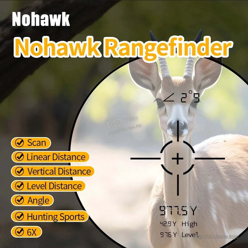 Nohawk rangefinder with 6X magnification measures distance up to 977.5 yards, vertical height 42.9 yards, level distance 976 yards, and 2° angle for hunting and sports.