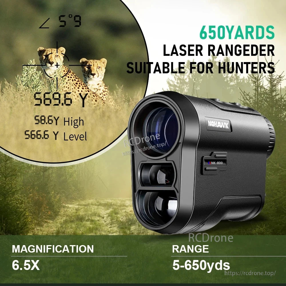 Laser rangefinder with 6.5x magnification, 5–650 yard range, slope mode, USB charging, 905nm wavelength, certified, camo design—ideal for hunting. (24 words)