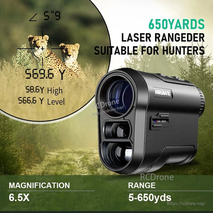 Laser rangefinder with 6.5x magnification, 5–650 yard range, slope mode, USB charging, 905nm wavelength, certified, camo design—ideal for hunting. (24 words)