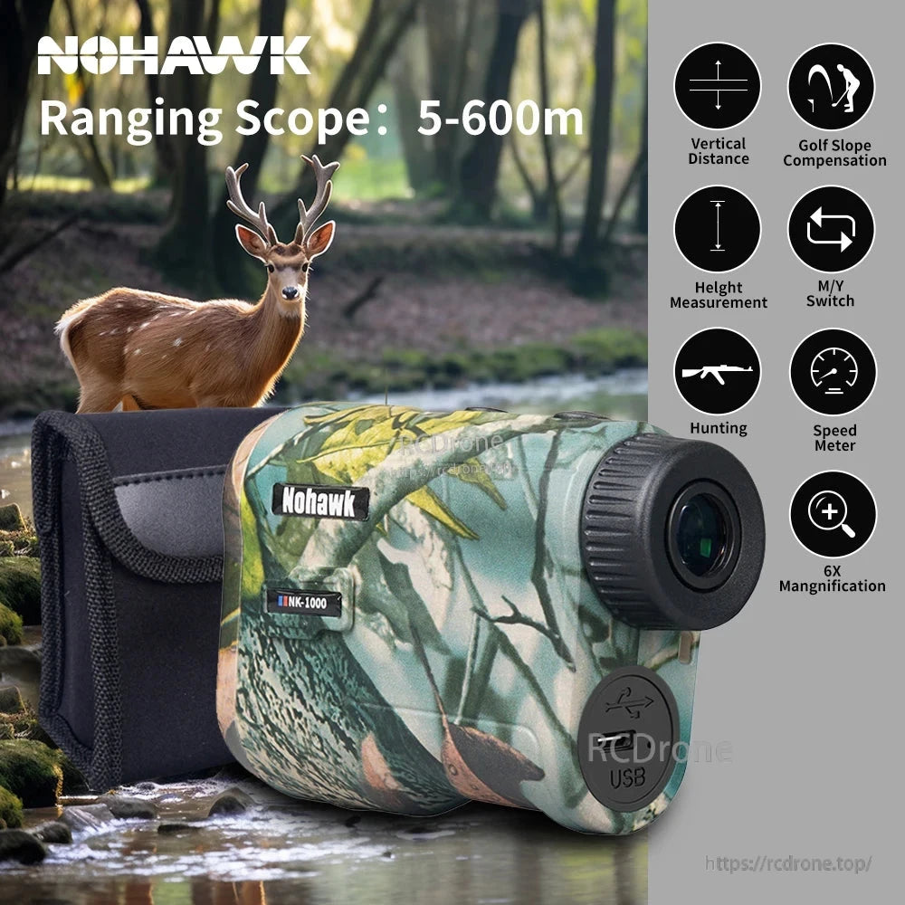 Nohawk rangefinder: 5-600m range, 6x zoom, USB rechargeable, slope & height measurement, speed/distance tracking, M/Y switch—ideal for hunting. (24 words)