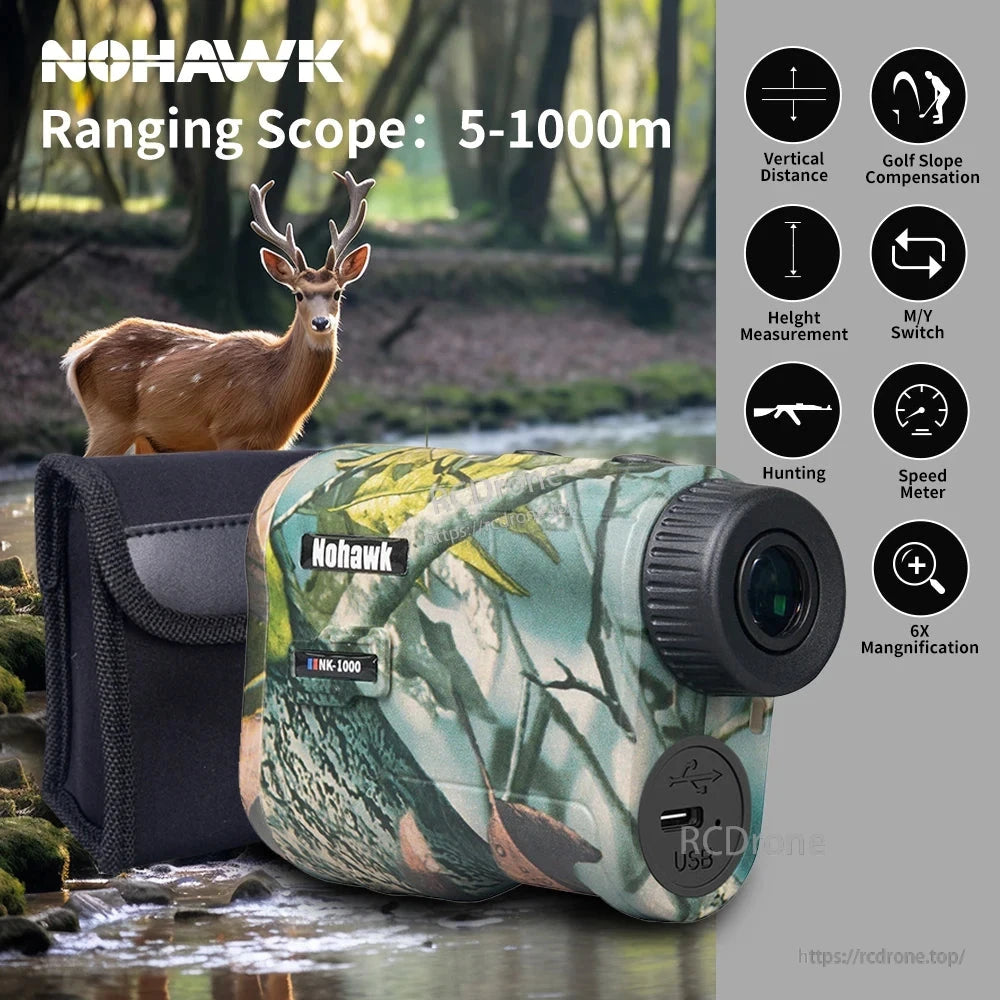 Nohawk Golf Laser Rangefinder measures distances up to 600m/1000m with USB rechargeable design.