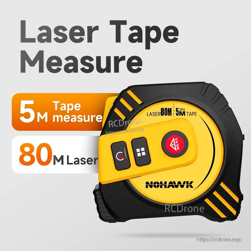 Nohawk 2-in-1 laser tape measure features 80m laser range, 5m tape, USB rechargeable battery, and LCD display for precise measurements.
