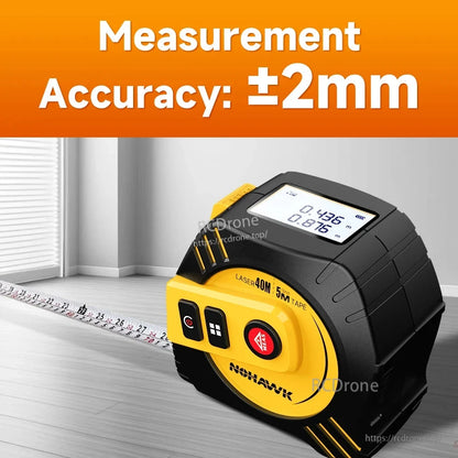 Nohawk T2 2-in-1 laser tape measure: 40m/80m range, ±2mm accuracy, 5m steel tape, USB rechargeable, LCD display.