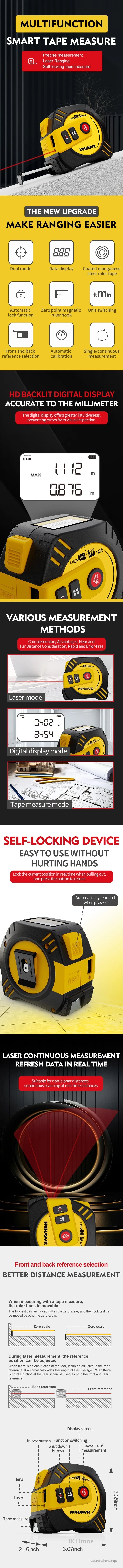 Nohawk T2 Laser Measure, Smart laser tape measure with digital display, self-locking tape, dual mode, auto-calibration, and front/back reference for accurate measurements up to 100m.