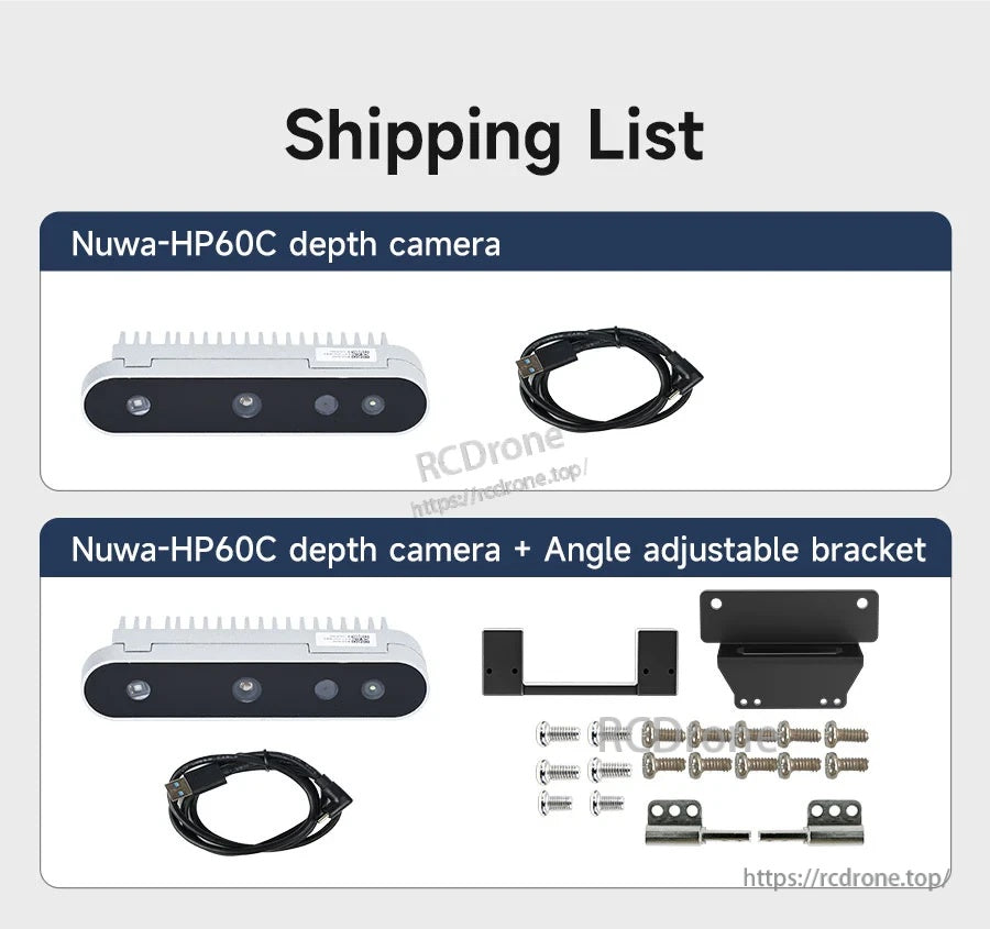 Shipping list for Yahboom Nuwa-HP60C depth camera kit, showing camera module, cable, angle bracket, and screws