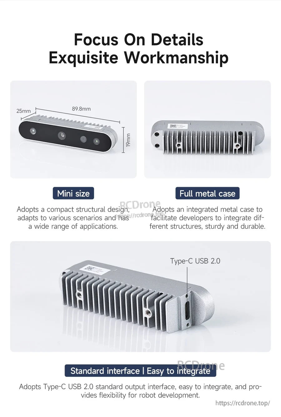 Yahboom Nuwa-HP60C depth camera mini-size dimensions, full metal enclosure, and USB Type-C interface close-ups