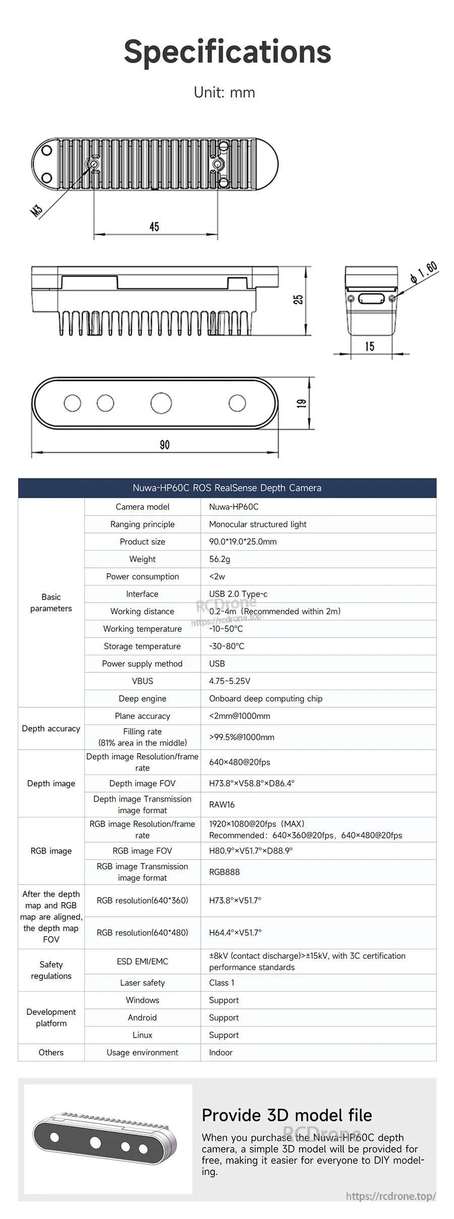 Technical specification sheet with Nuwa-HP60C dimension drawings, parameter table, and note about 3D model file