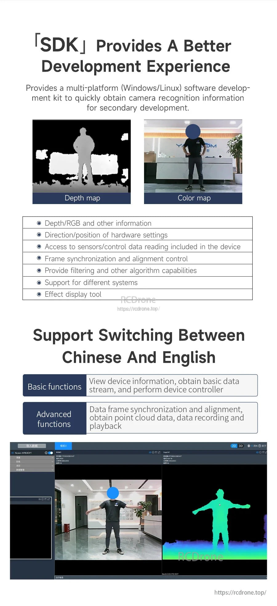 SDK interface screenshot with depth map and color map examples plus bilingual Chinese/English switching features