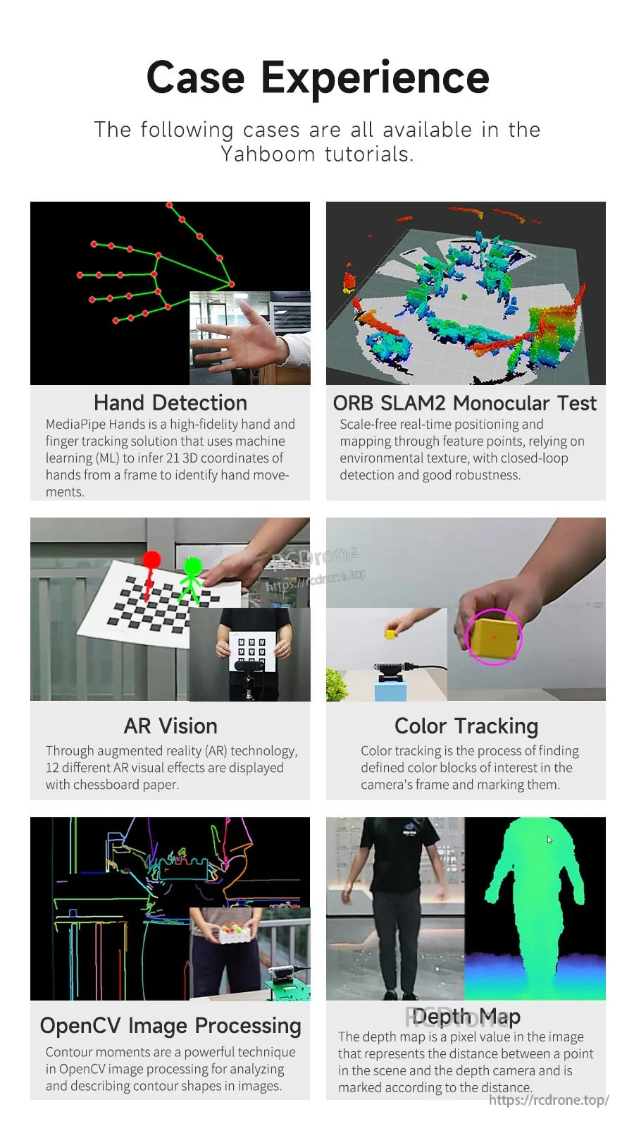 Case experience collage: hand detection, ORB-SLAM2 test, AR vision, color tracking, OpenCV processing, depth map view