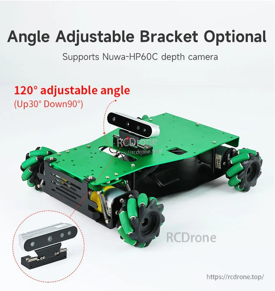 Angle-adjustable bracket option on a small robot chassis, indicating 120° adjustment range (up 30°, down 90°)