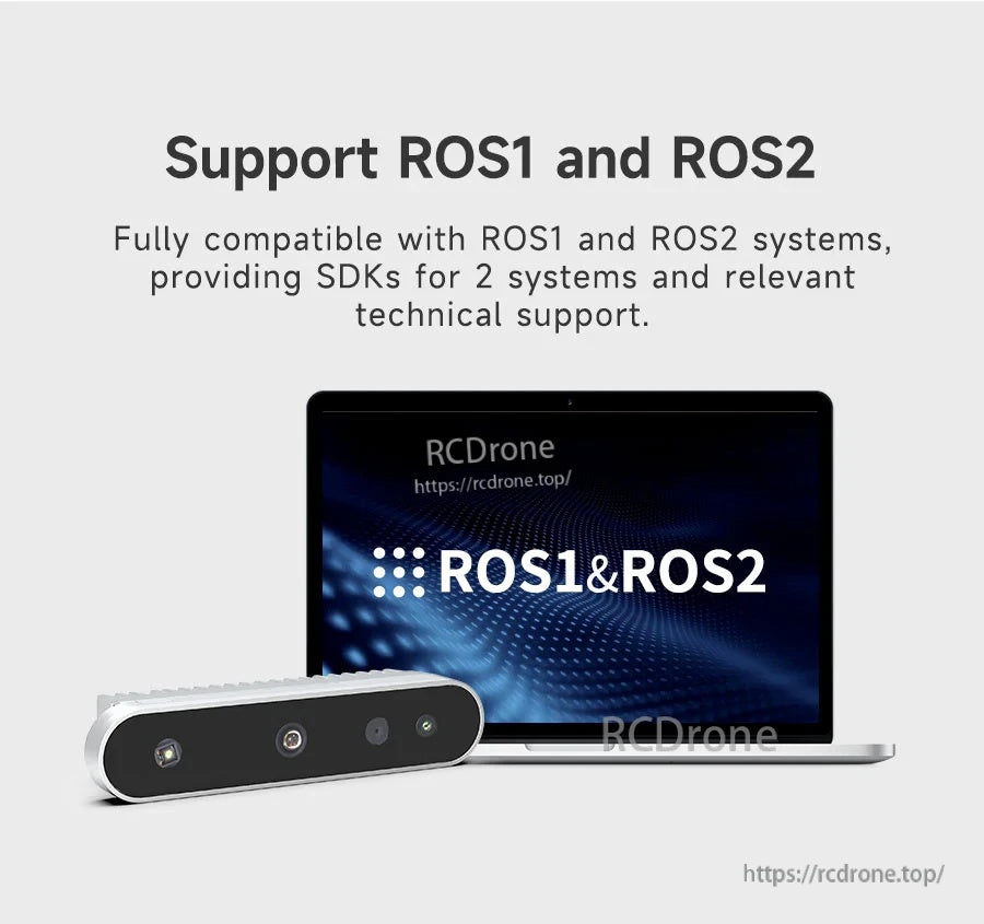Laptop with ROS1&ROS2 screen and Nuwa-HP60C camera in front, highlighting ROS compatibility and SDK support
