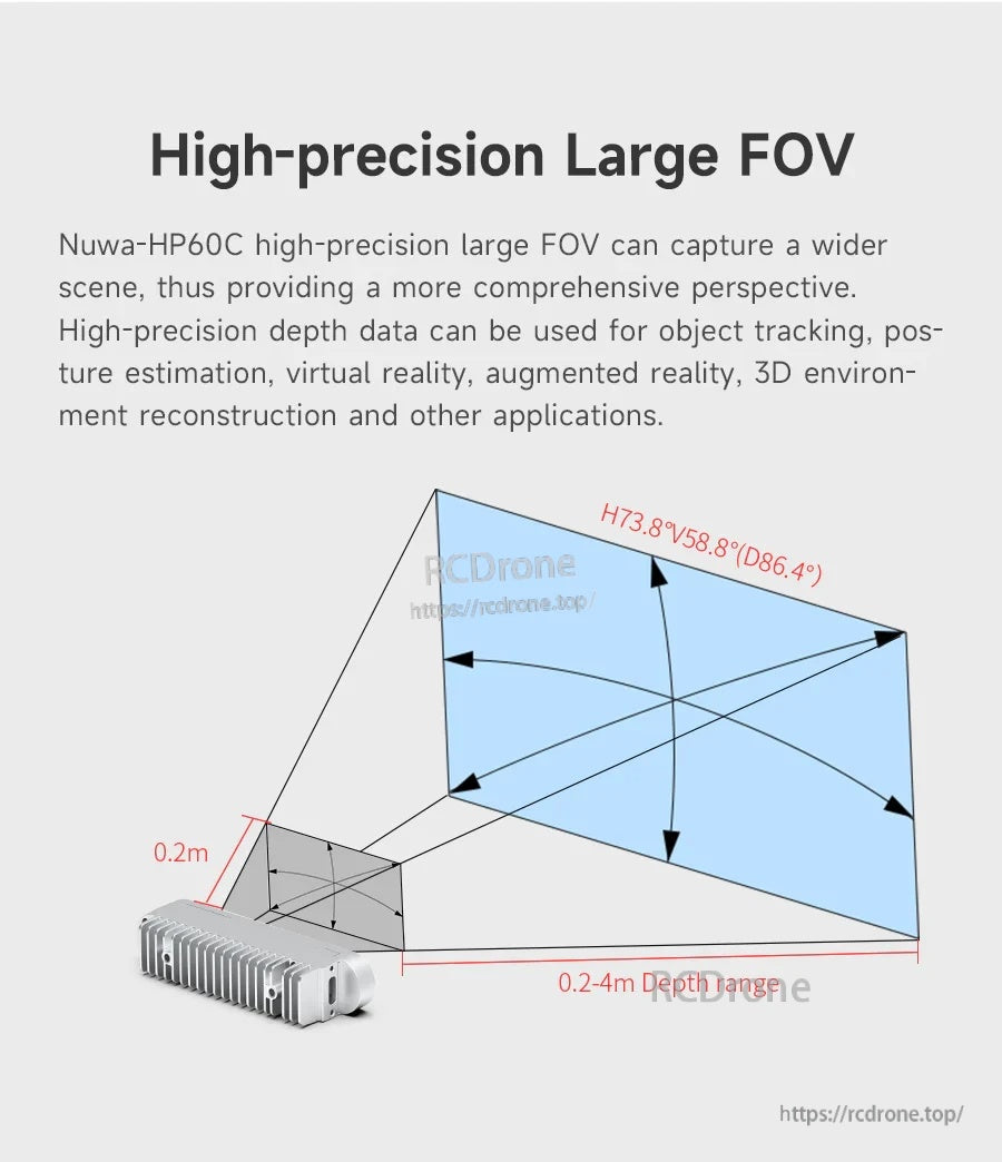 Depth field-of-view graphic for Nuwa-HP60C showing 0.2–4 m range and 73.8° × 58.8° wide depth FOV