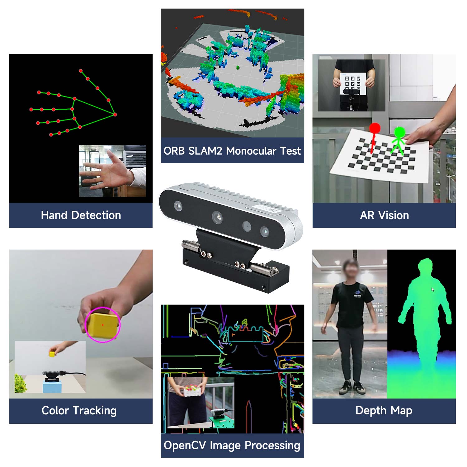 Depth camera application collage showing hand detection, AR vision, SLAM test, depth map and OpenCV processing