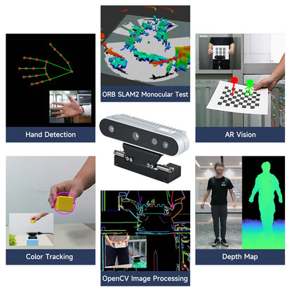 Depth camera application collage showing hand detection, AR vision, SLAM test, depth map and OpenCV processing