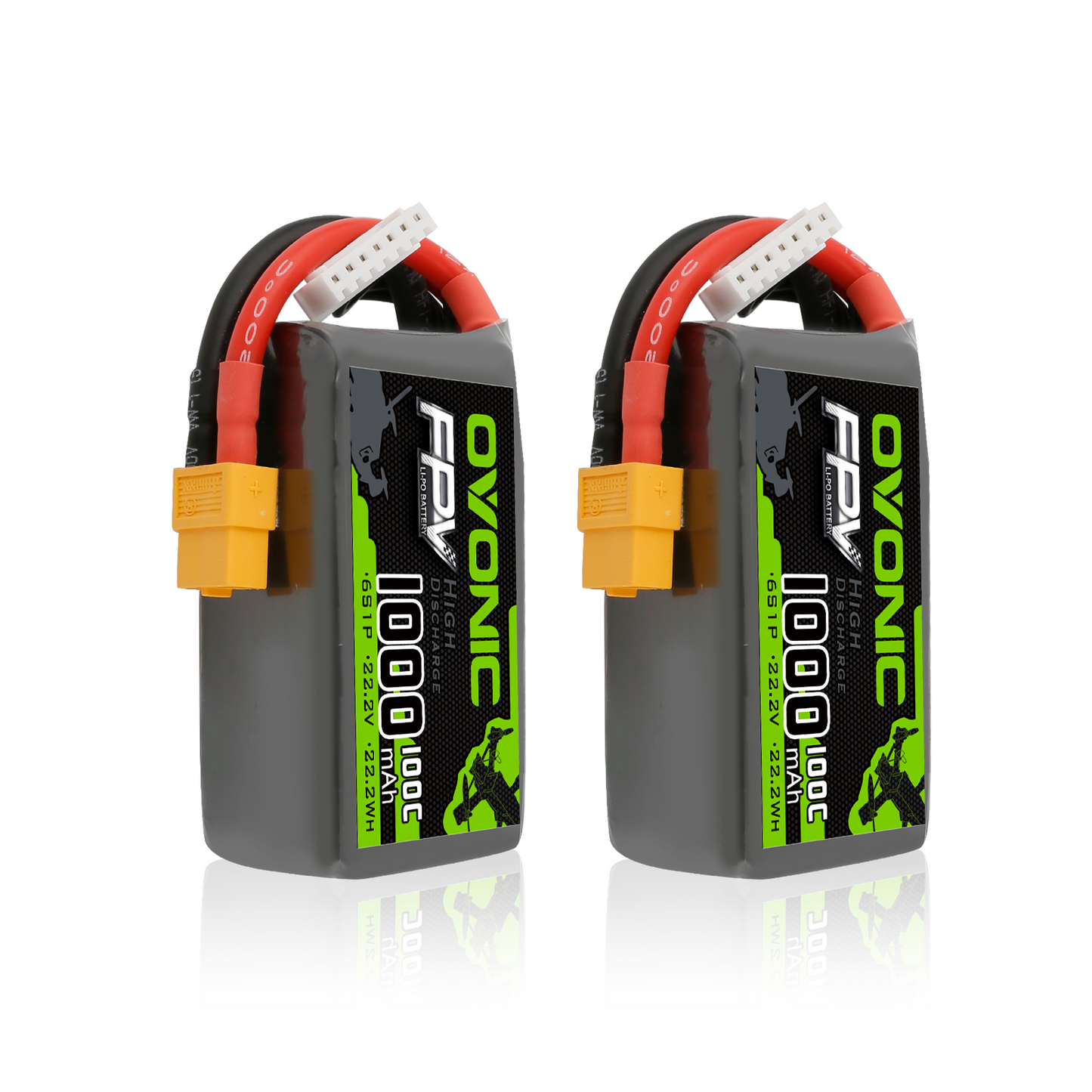 2× Ovonic 6S 1000mAh 22.2V 100C LiPo batteries with XT60 plug and balance lead, pair view