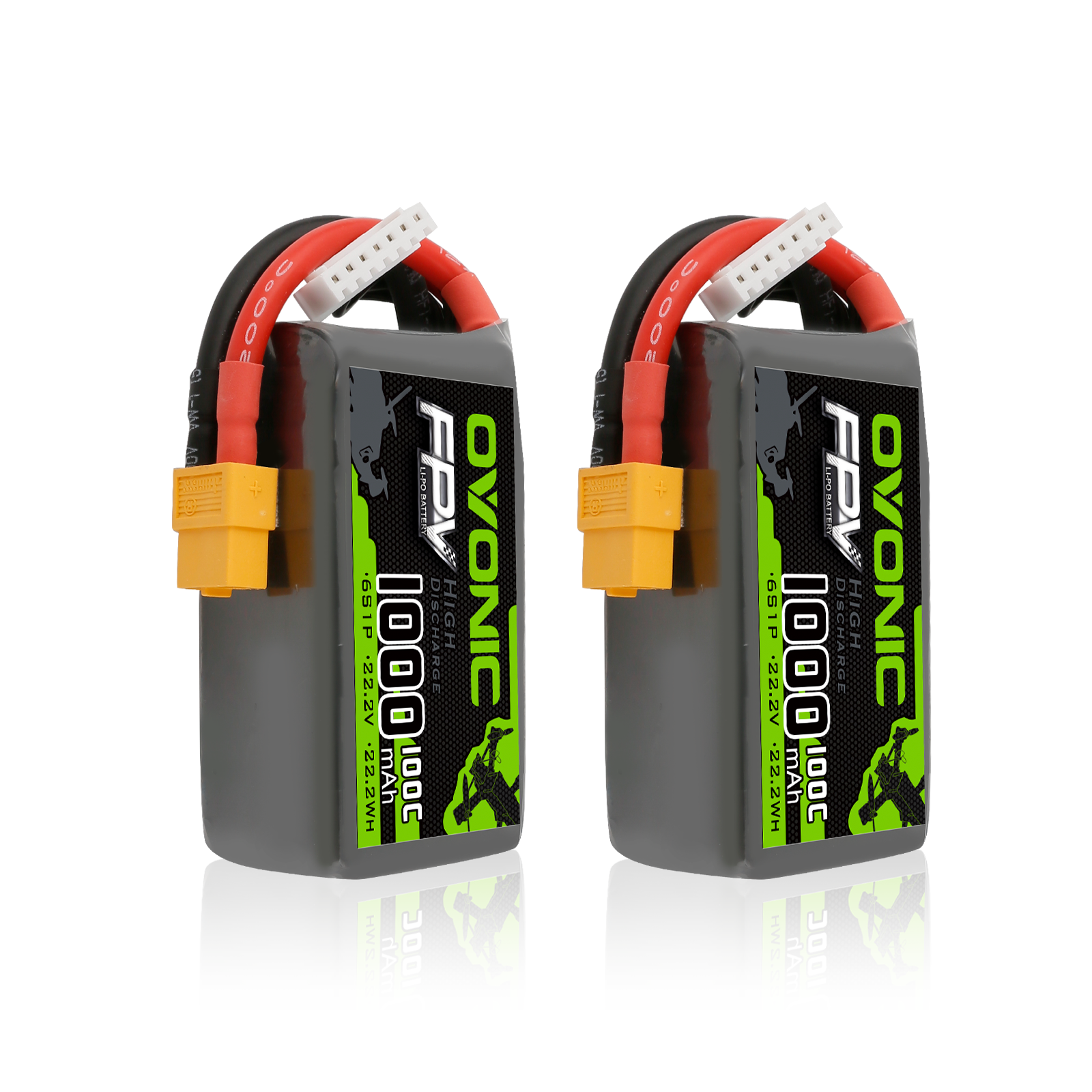 2× Ovonic 6S 1000mAh 22.2V 100C LiPo batteries with XT60 plug and balance lead, pair view
