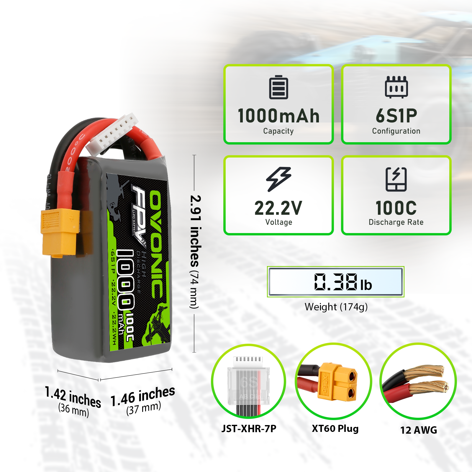 Ovonic 6S 1000mAh 22.2V 100C LiPo battery size and specs graphic with XT60 and JST-XHR-7P