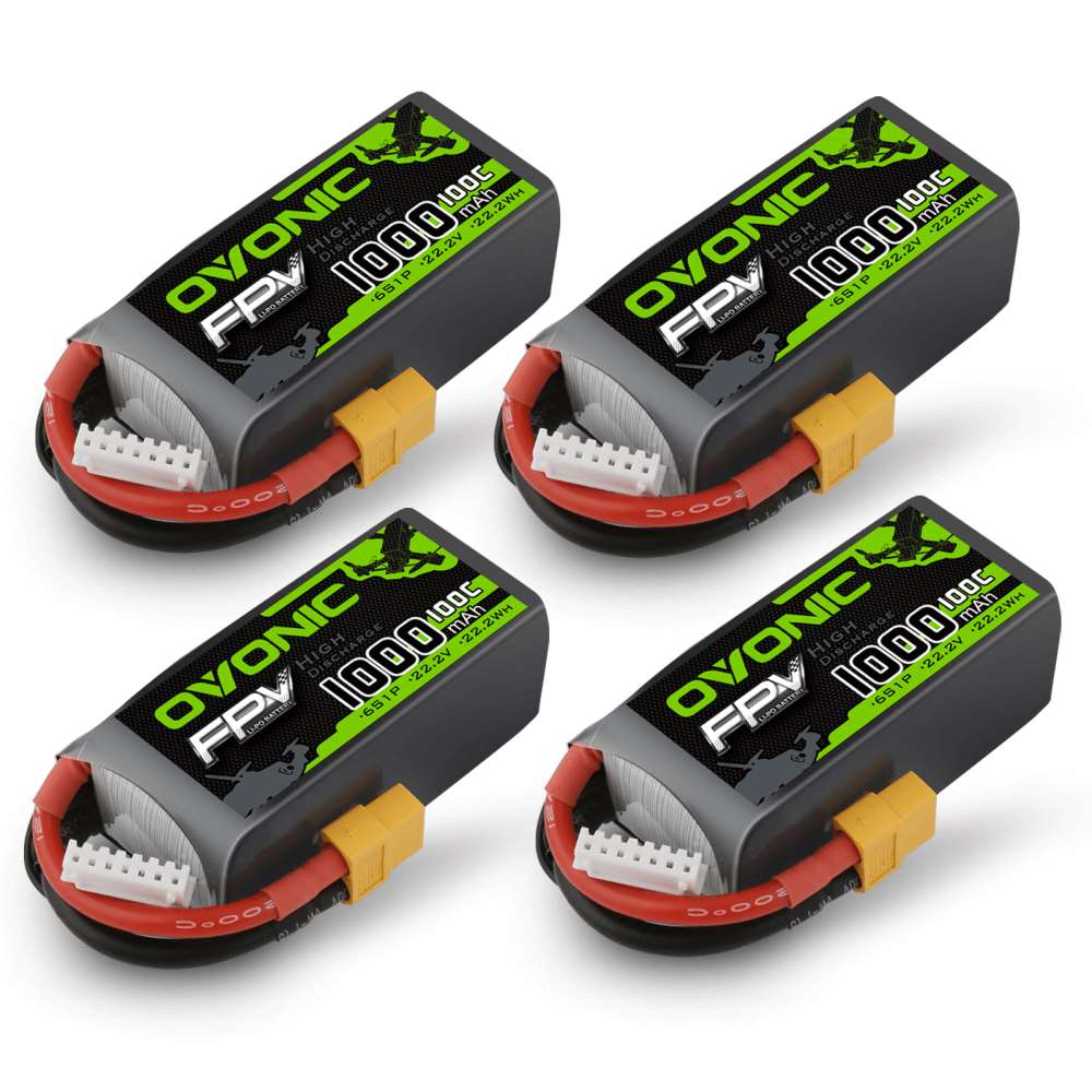 4x Ovonic FPV 6S 1000mAh 100C 22.2V LiPo batteries with XT60 lead and balance connector