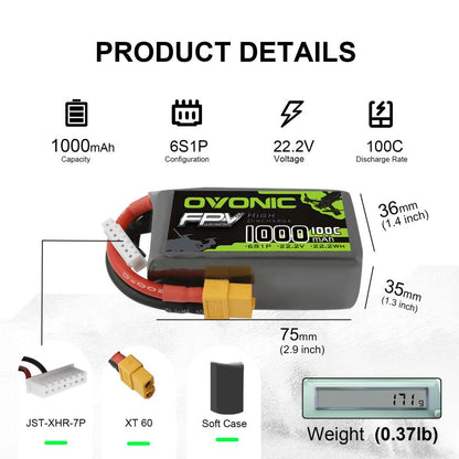 Ovonic 6S 1000mAh 100C 22.2V LiPo battery product details with size, weight, XT60 and JST-XHR balance plug
