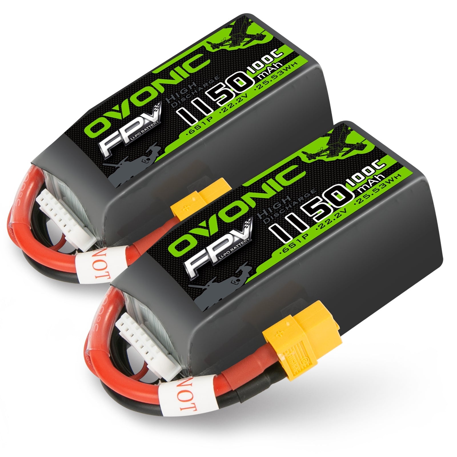 2-pack Ovonic FPV 6S 1150mAh 100C LiPo batteries with XT60 plug and JST-XH balance lead