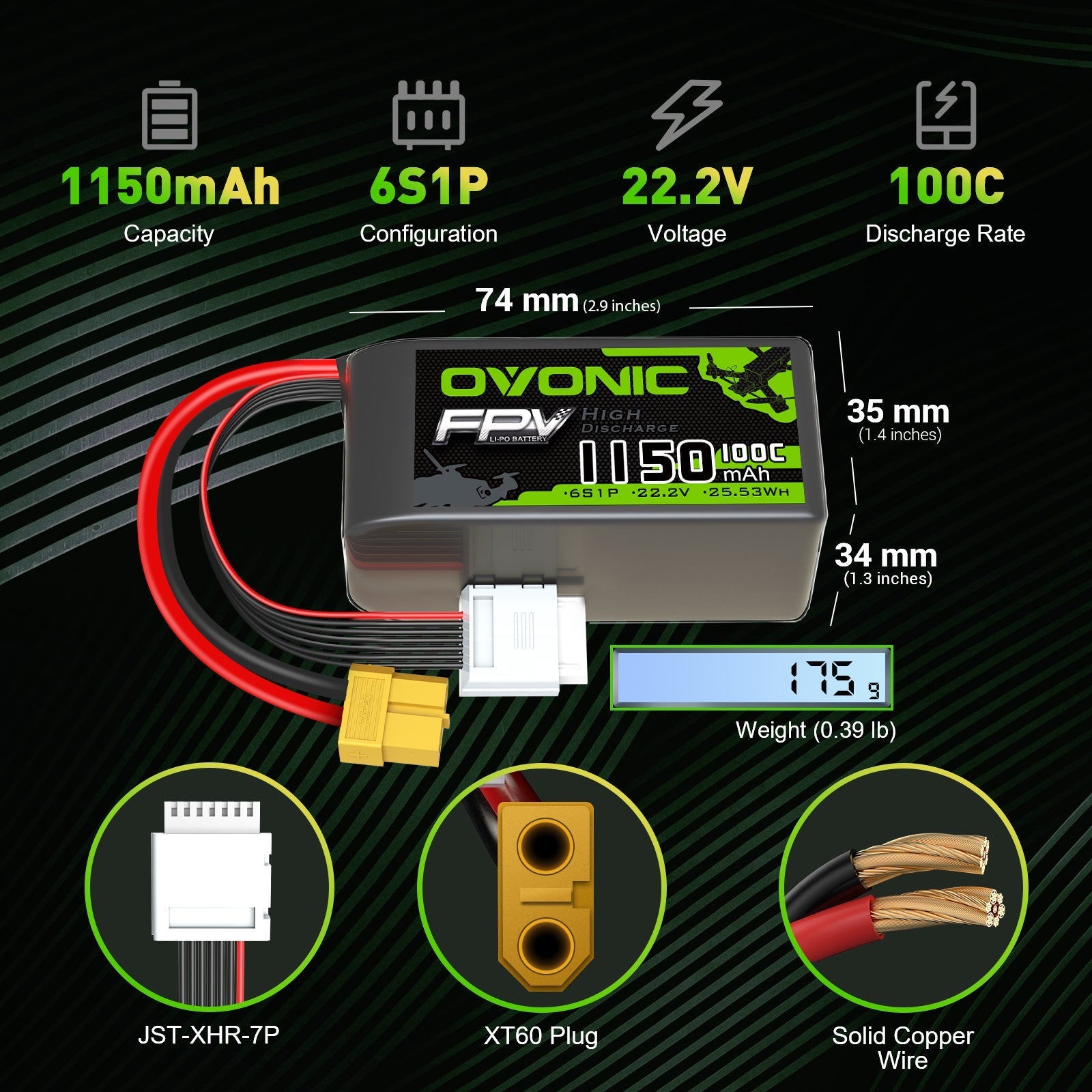 Dimensions and specs graphic for Ovonic 6S 1150mAh 22.2V 100C battery, XT60 plug and JST-XHR-7P lead