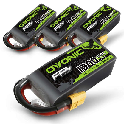 4× Ovonic 4S 1300mAh 100C 14.8V LiPo Battery set with XT60 connector and balance lead