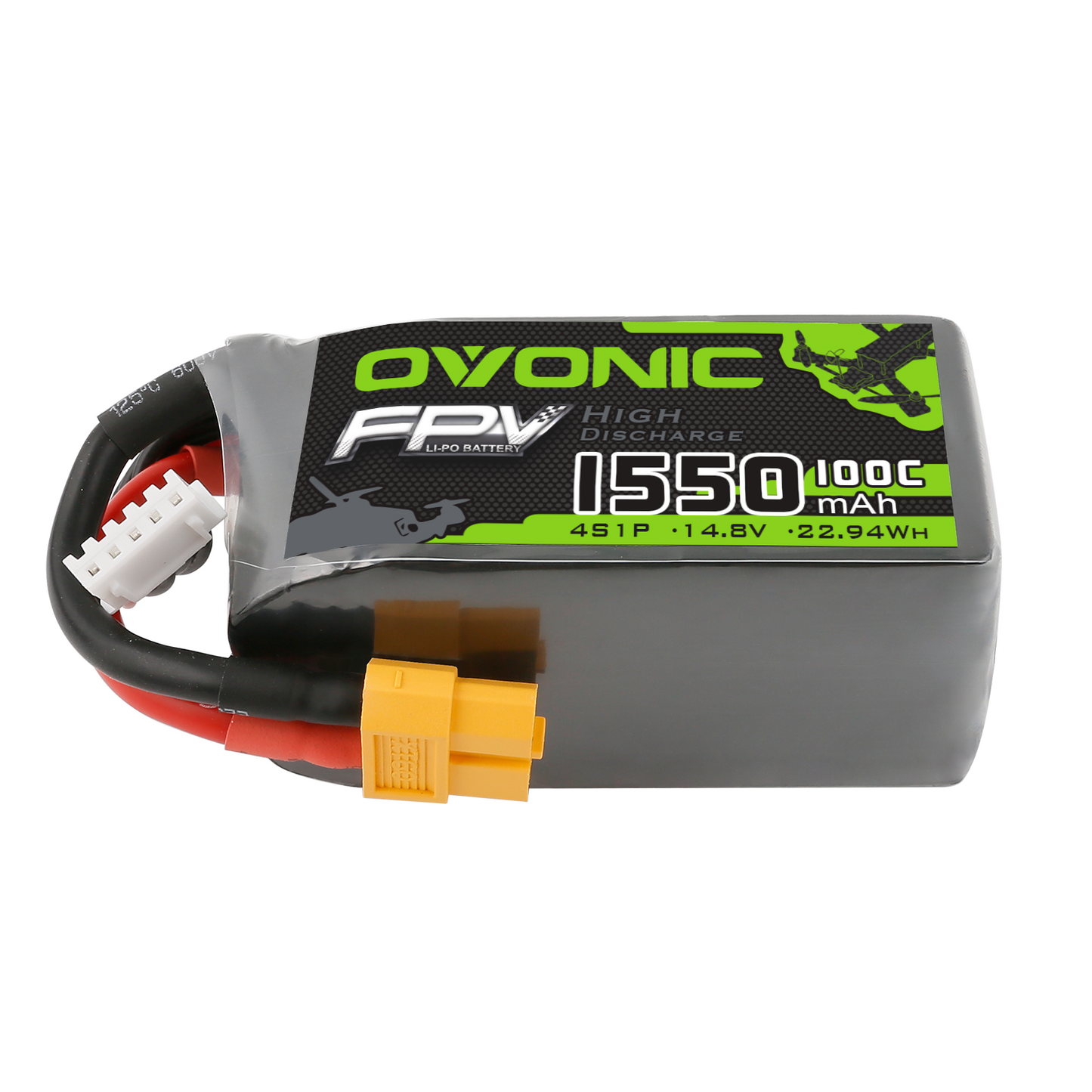 OVONIC 1550mAh 4S 14.8V 100C LiPo battery pack with XT60 plug and balance lead