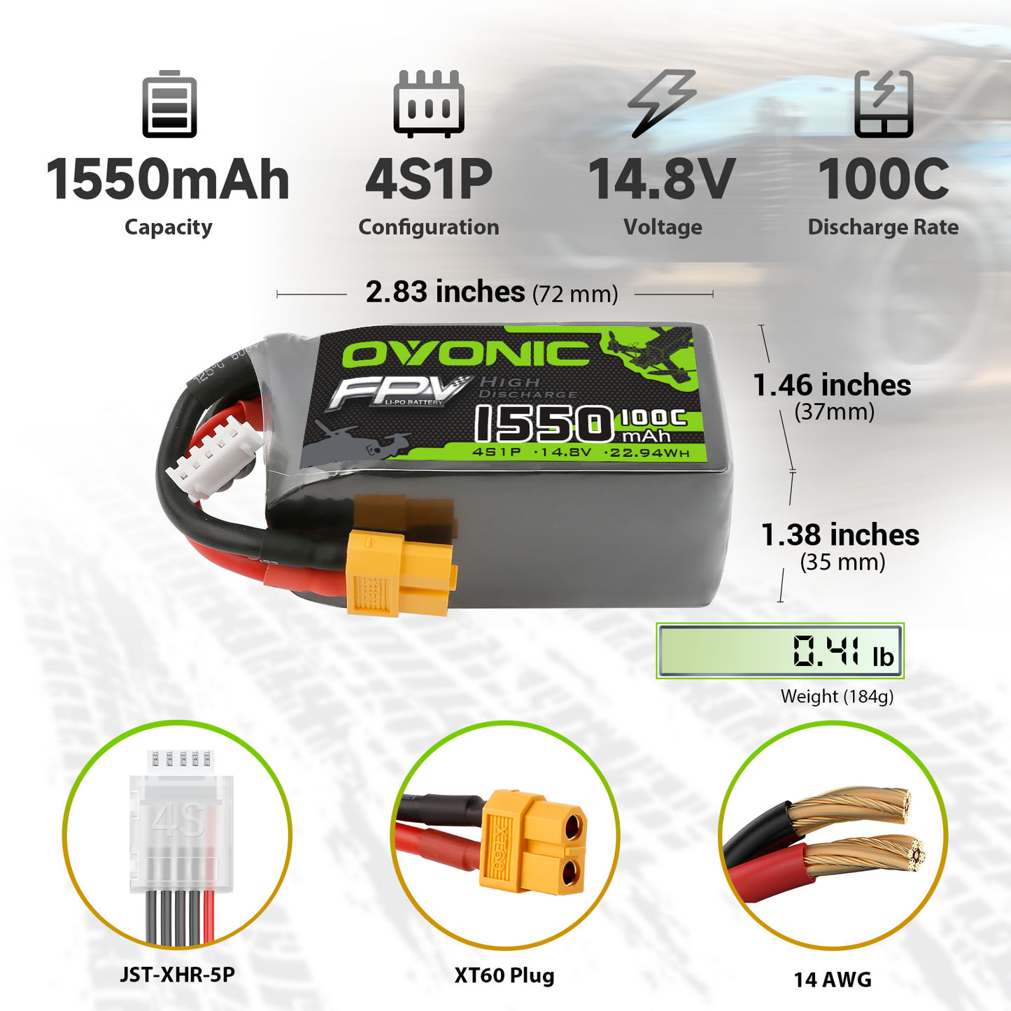 OVONIC 1550mAh 4S1P 14.8V 100C LiPo battery dimensions and weight chart with XT60, JST-XHR-5P