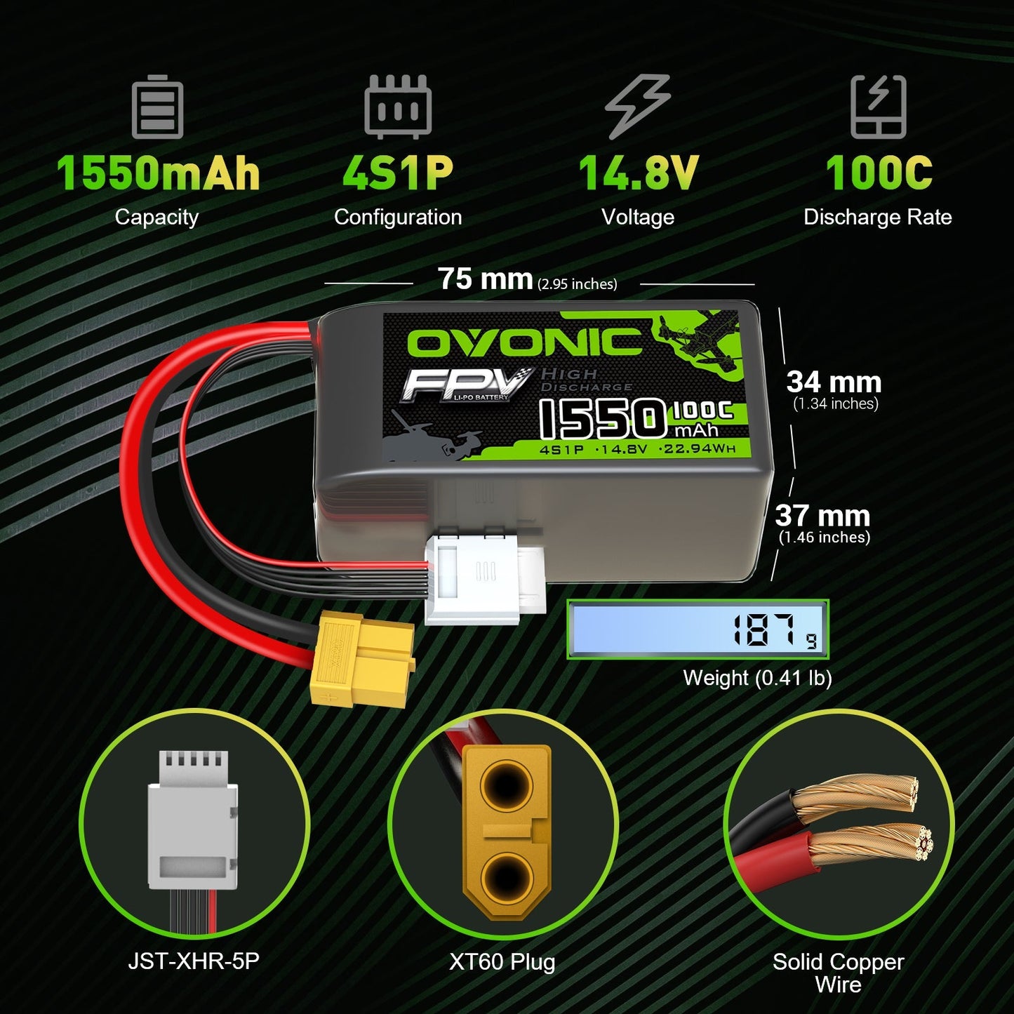 Ovonic 4S 1550mAh 14.8V 100C LiPo battery specs graphic with dimensions, weight, XT60 and JST-XHR