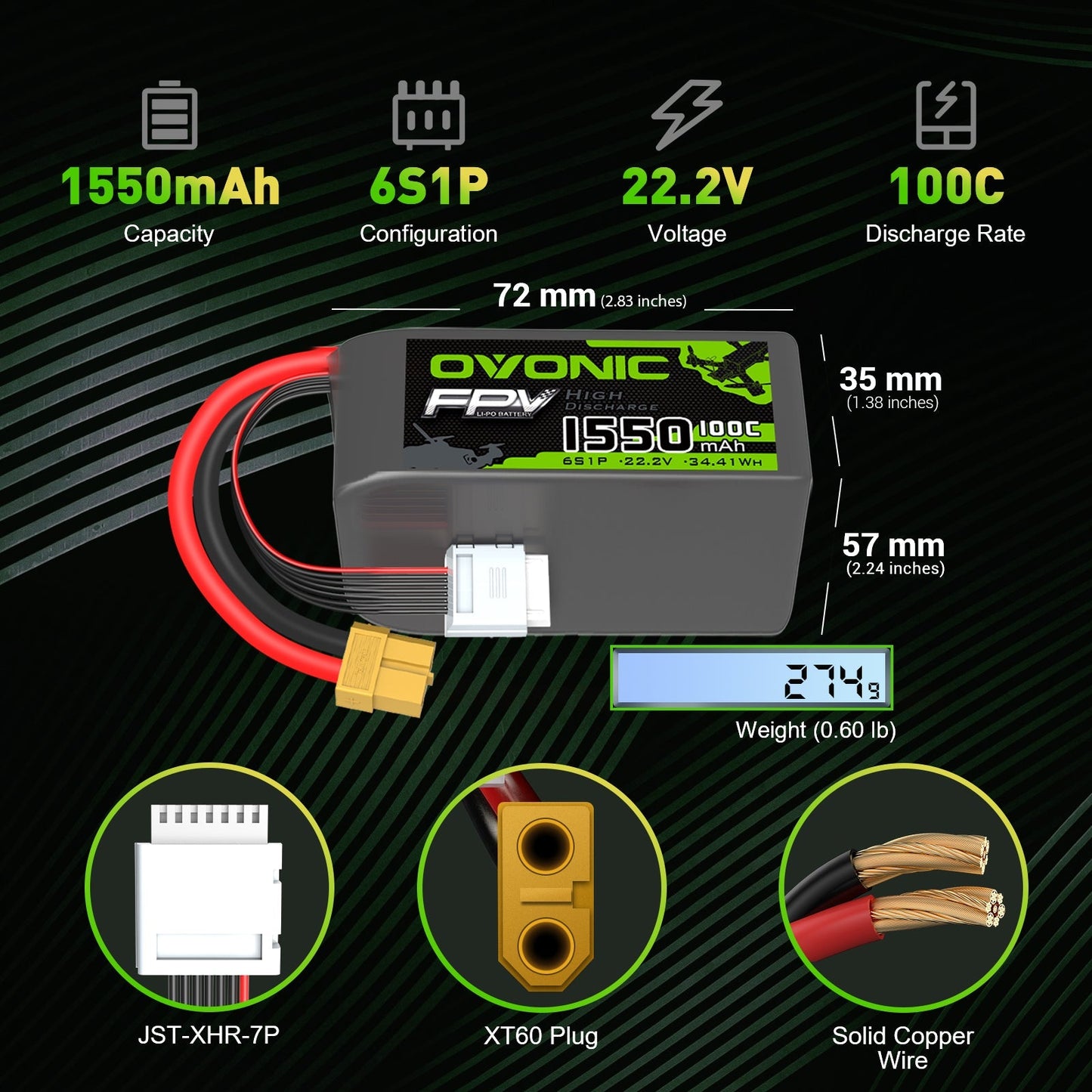 2× Ovonic 1550mAh 6S 22.2V 100C LiPo Battery specs with dimensions, weight, XT60 plug and JST-XHR-7P