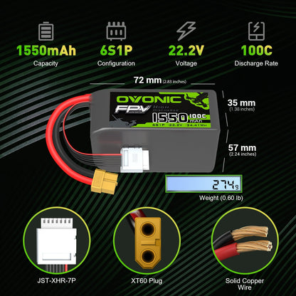2× Ovonic 1550mAh 6S 22.2V 100C LiPo Battery specs with dimensions, weight, XT60 plug and JST-XHR-7P