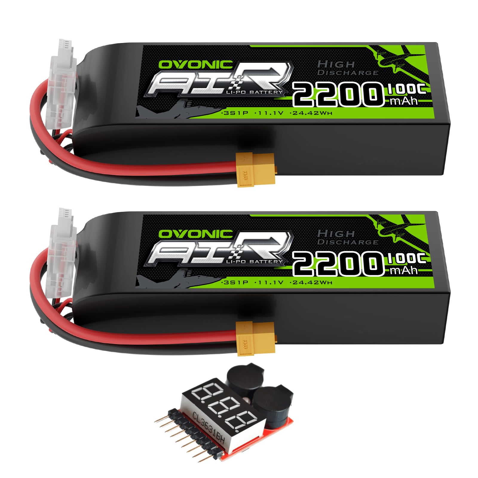 OVONIC 2200mAh 3S 100C 11.1V LiPo batteries 2-pack with XT60 plug, balance lead and voltage checker