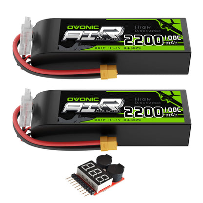 OVONIC 2200mAh 3S 100C 11.1V LiPo batteries 2-pack with XT60 plug, balance lead and voltage checker