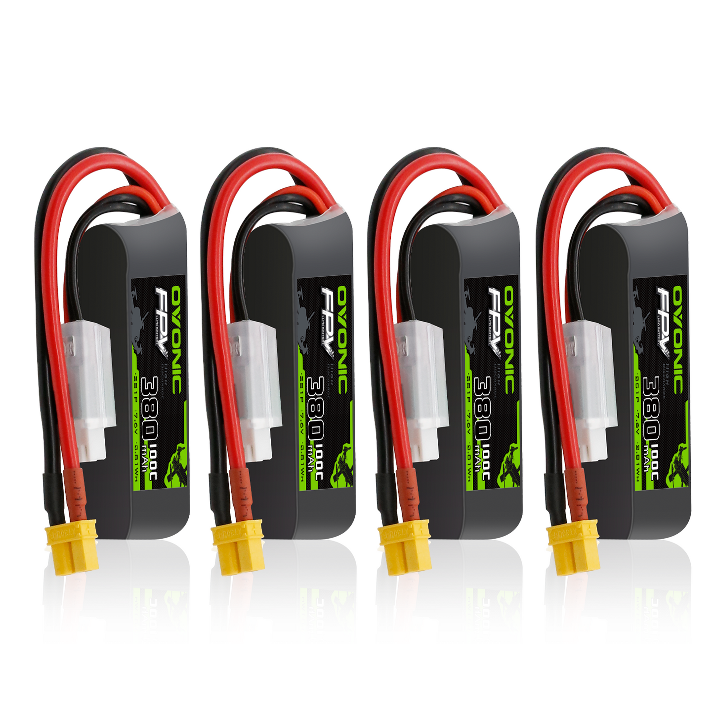 Four-pack OVONIC 2S 380mAh 100C 7.4V LiPo batteries with XT30 connectors