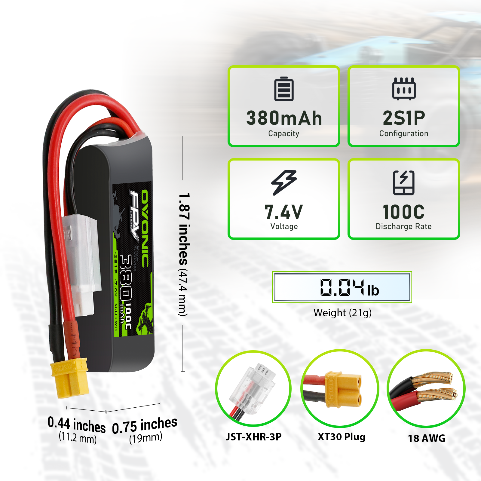 OVONIC 2S 380mAh 100C 7.4V LiPo battery dimensions, weight, XT30 plug and JST-XHR-3P lead
