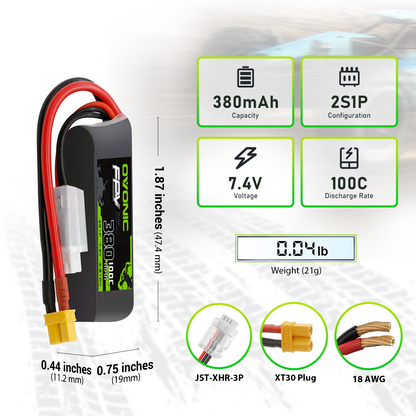 OVONIC 2S 380mAh 100C 7.4V LiPo battery dimensions, weight, XT30 plug and JST-XHR-3P lead